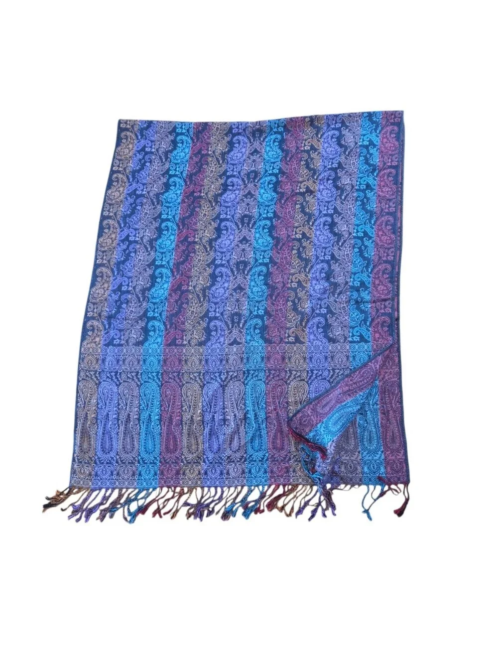 Paisley Pashmina Wrap Purple Blue 70% Pashmina 30% Silk Scarf XL Shawl + Fringe